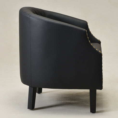 Louis Faux Leather Tufted Club Chair - Black Accent Chair | Decorative Accent Chairs | Kinwell Furniture | Modern Club Chairs | Barrel Club Chair | Nailhead Trim Chair | Contemporary Faux Leather Chair | Elegant Black Chair